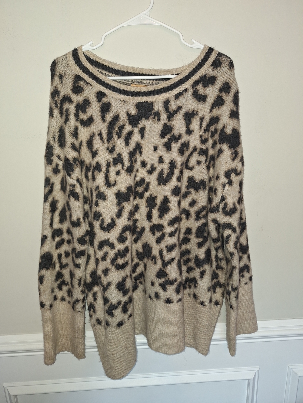 POL Leopard-Print Crewneck Sweater in Beige and Black